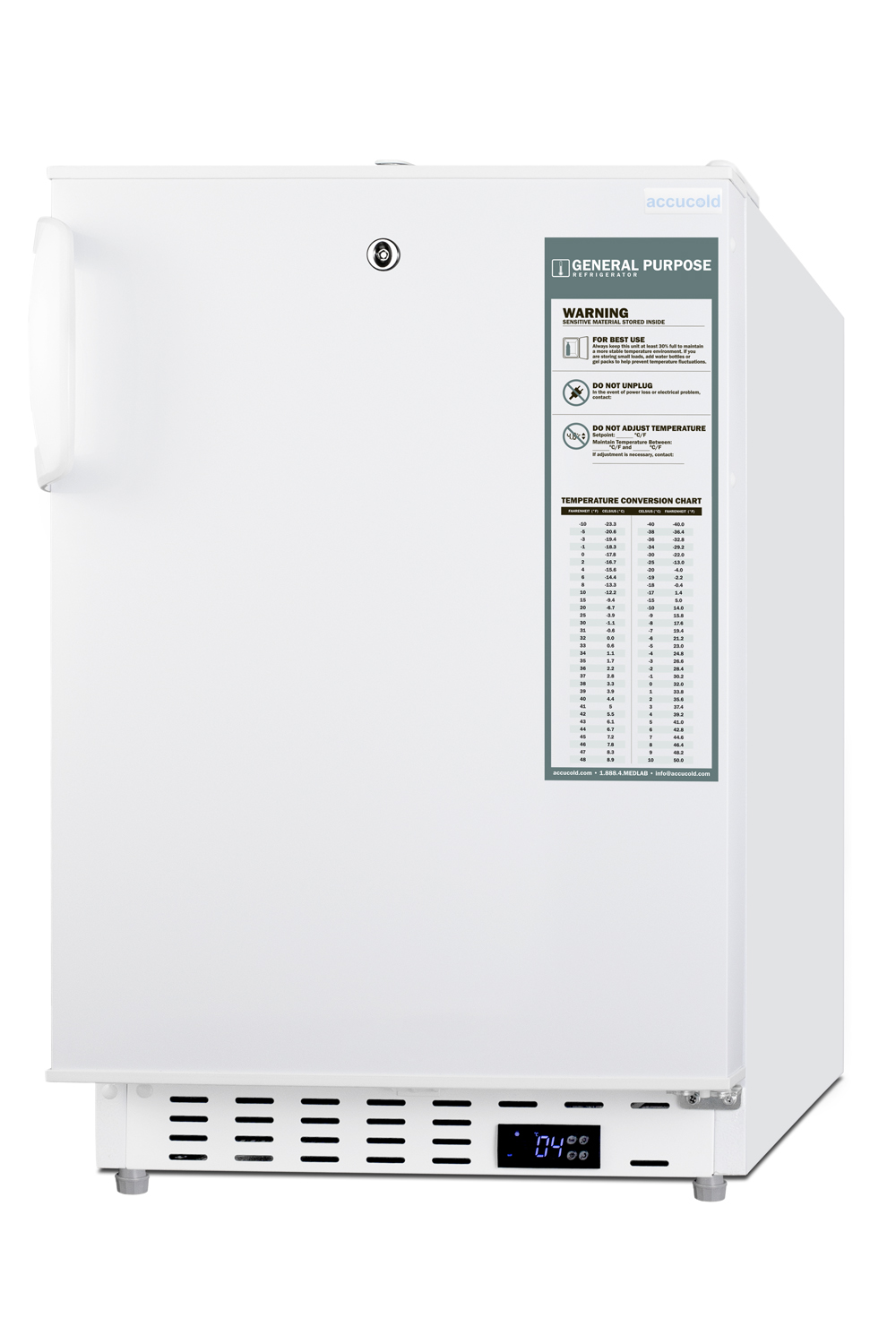 Built-in undercounter ADA compliant +2 C to +8 C all-refrigerator in white with lock, digital controls, wire shelving, hospital cord with 'green dot' plug, factory installed access port, and automatic defrost operation